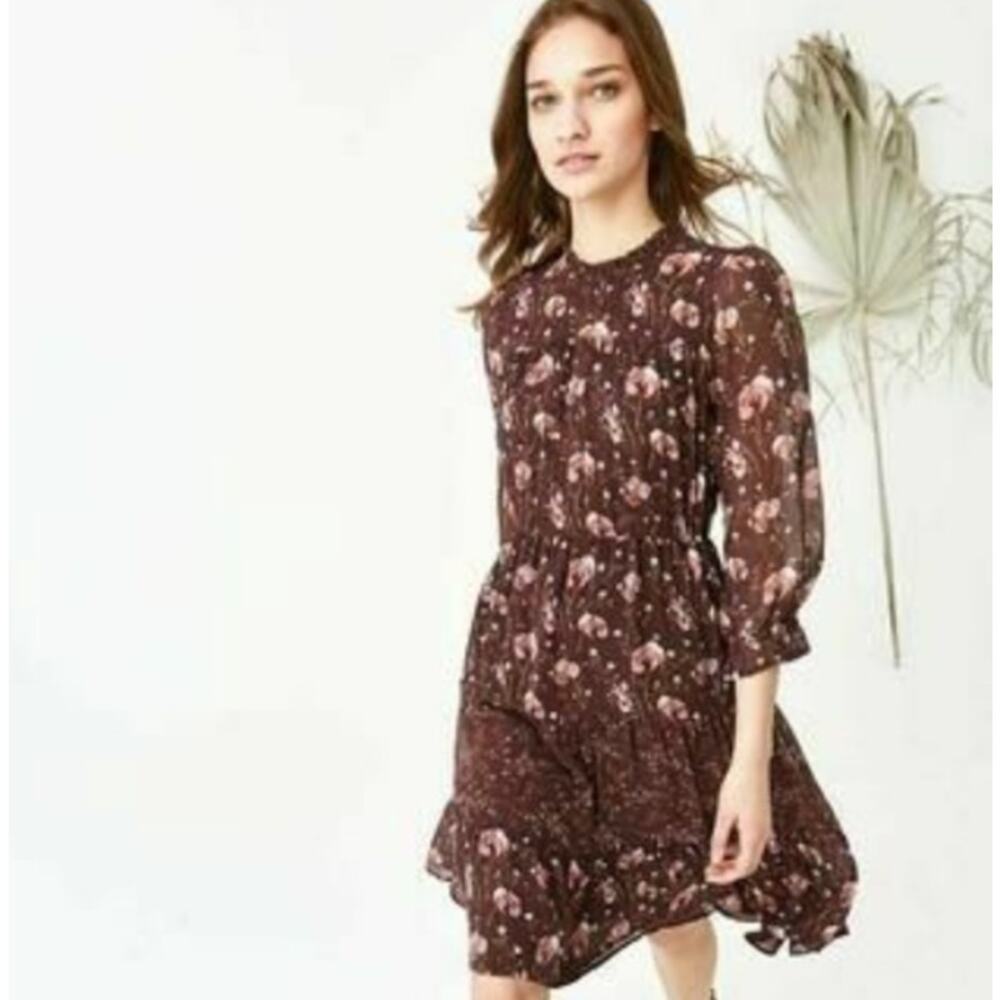 Ulla Johnson Skye‎ Dress Size 2 Floral Burgundy Silk Tiered Cottagecore Poetcore